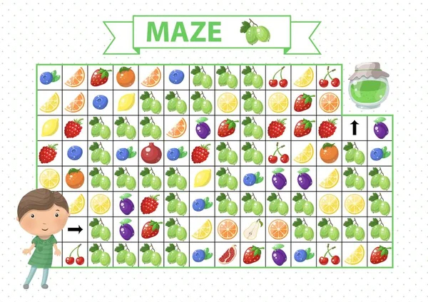 Maze spel för barn. Hitta rätt väg med gröna bär. Tecknad pojke och sylt Royaltyfria illustrationer