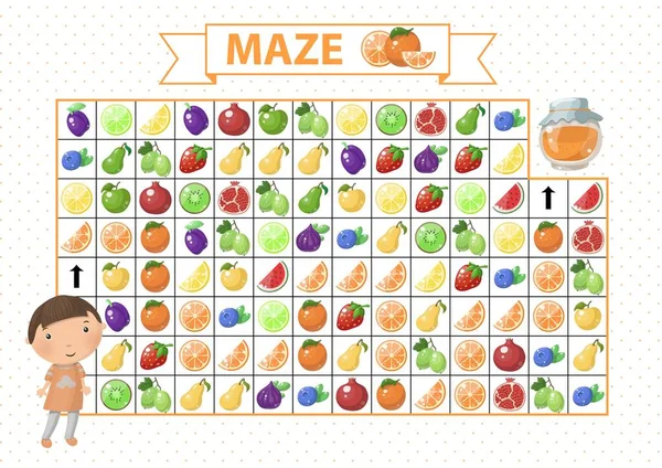 Maze spel voor kinderen. Zoek het juiste pad bij oranje. Cartoon jongen en jam Stockvector