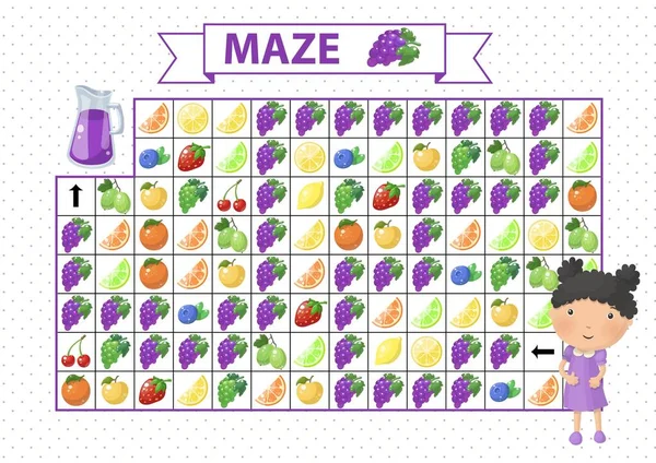 Maze Game Children Find Correct Path Grape Cartoon Girl Juice — Stockvektor