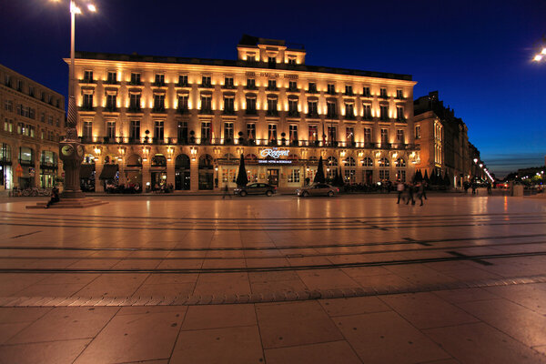 Night view of Regent hotel on the square of Grand Theater of Bordeaux, Aquitaine, France.
