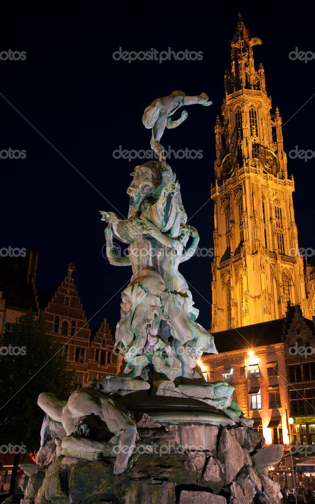 Brabo Fountain Cathedral of Our (1352-1521), Antwerp, Belgium Stock Photo by ©Rostislavv