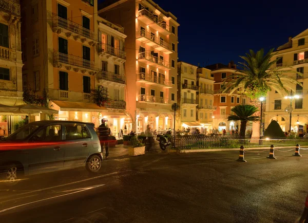 Typical buildings at night, Corfu city, Greece — Stock Photo, Image