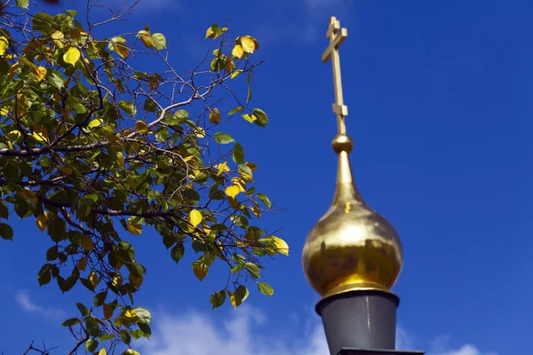 Cúpula de chirch ortodox e folhas de primavera — Fotografia de Stock