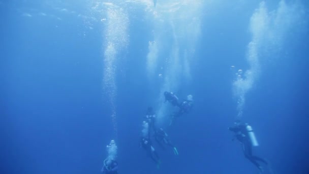 Divers on 5 min stop after manta dive, with hundreds bubbles — Stock Video