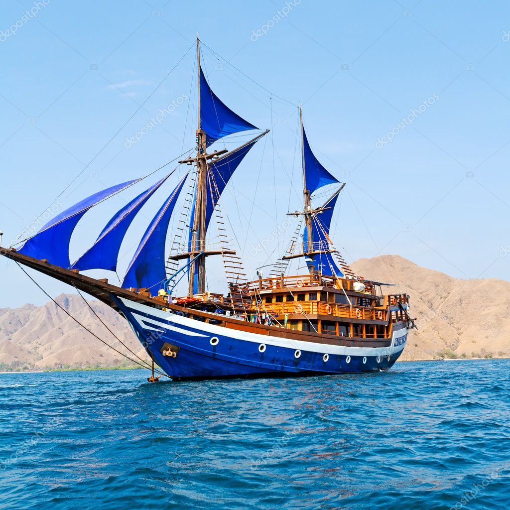 Vintage Wooden Ship with Blue Sails — Stock Photo ...