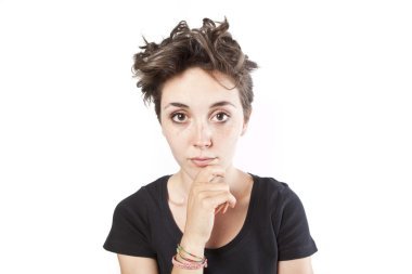 güzel bir düşünceli kadın, üzerinde beyaz izole arıyorsunuz