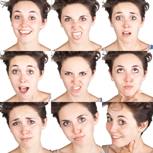 Adolescente menina emocional atraente conjunto fazer rostos isolados no fundo branco — Fotografia de Stock