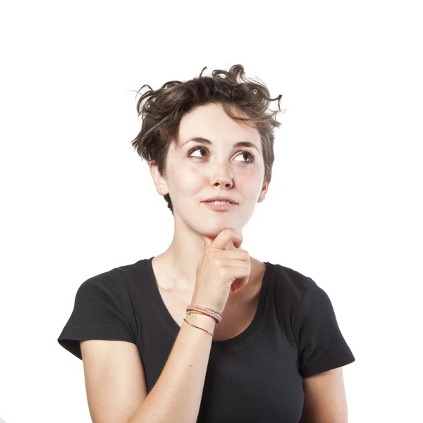 Beautiful thoughtful woman looking up , isolated over white — Stock Photo, Image