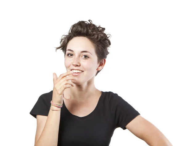 Schöne nachdenkliche Frau, die aufschaut, isoliert über weiß — Stockfoto