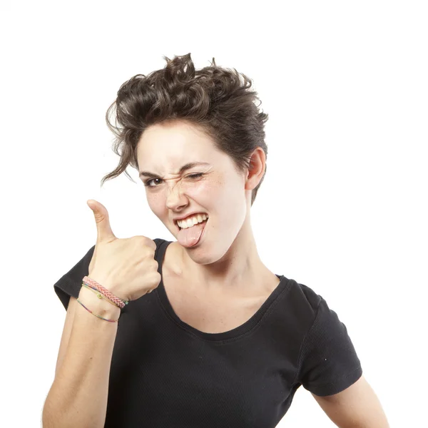 Joyeux sourire fille avec les pouces vers le haut geste, isolé sur fond blanc — Photo