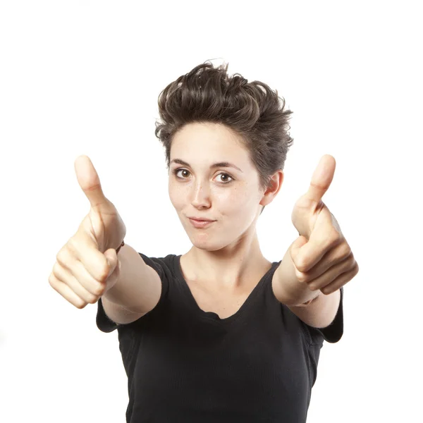 Happy smiling girl with thumbs up gesture, isolated on white background — Stock Photo, Image