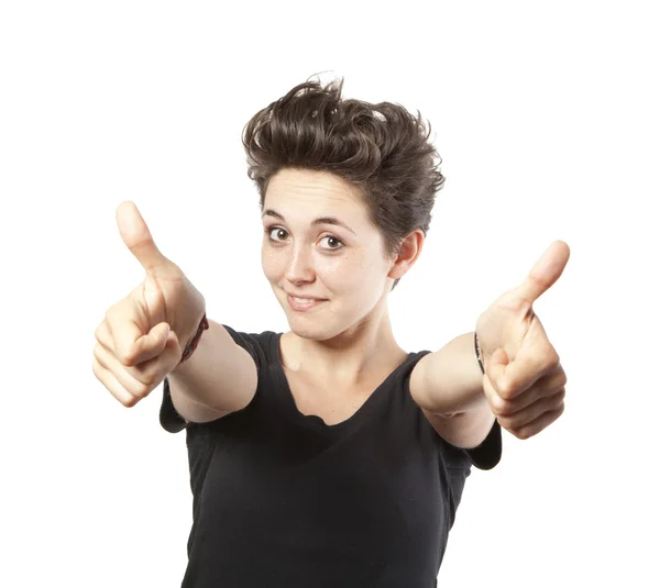 Happy smiling girl with thumbs up gesture, isolated on white background — Stock Photo, Image