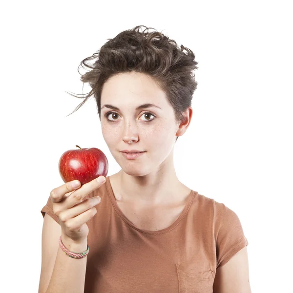 Porträtt av vacker flicka med ett äpple — Stockfoto