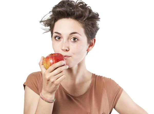 Portrét krásné dívky s jablkem — Stock fotografie
