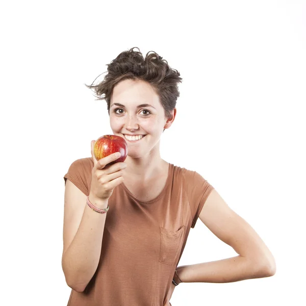 Bir elma ile güzel kız portresi — Stok fotoğraf