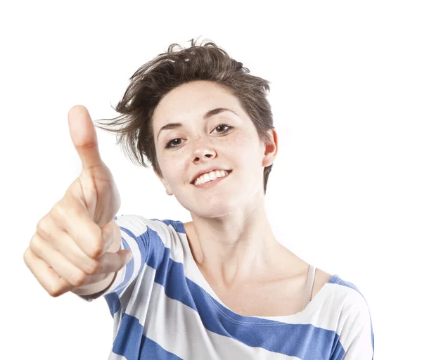 Menina sorridente feliz com polegares para cima gesto, isolado no fundo branco — Fotografia de Stock