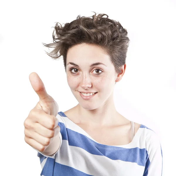 Feliz chica sonriente con los pulgares hacia arriba gesto, aislado sobre fondo blanco —  Fotos de Stock