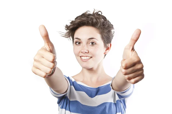 Felice sorridente ragazza con i pollici in alto gesto, isolato su sfondo bianco — Foto Stock
