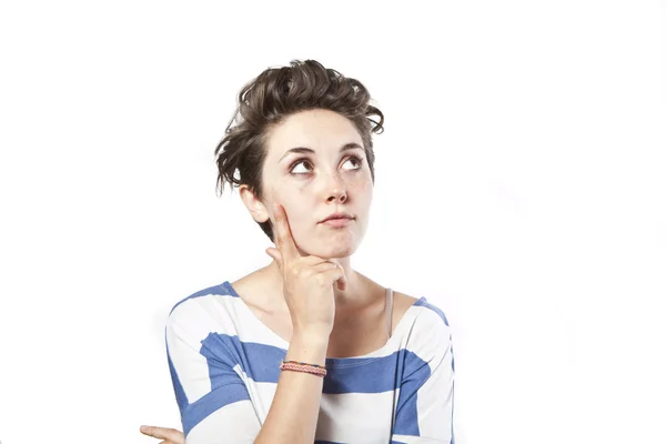 Beautiful thoughtful woman looking up , isolated over white — Stock Photo, Image