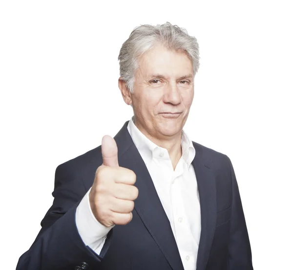 Портрет уверенного взрослого бизнесмена с большими пальцами на белом фоне — стоковое фото