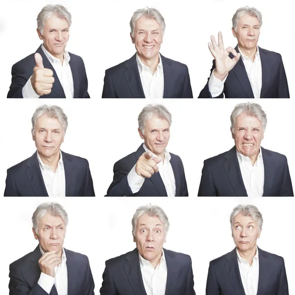 Volwassen man gezicht expressies samengestelde geïsoleerd op witte achtergrond — Stockfoto