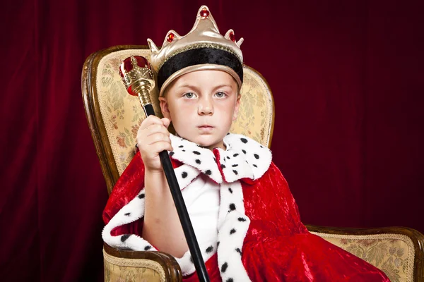 Little boy dressed ad a king on red velvet background — Stock Photo, Image