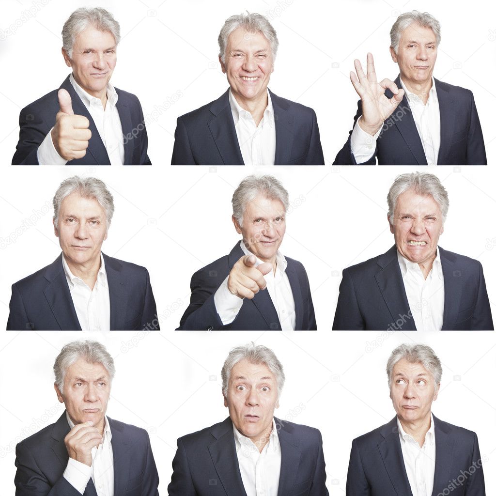Mature man face expressions composite isolated on white background