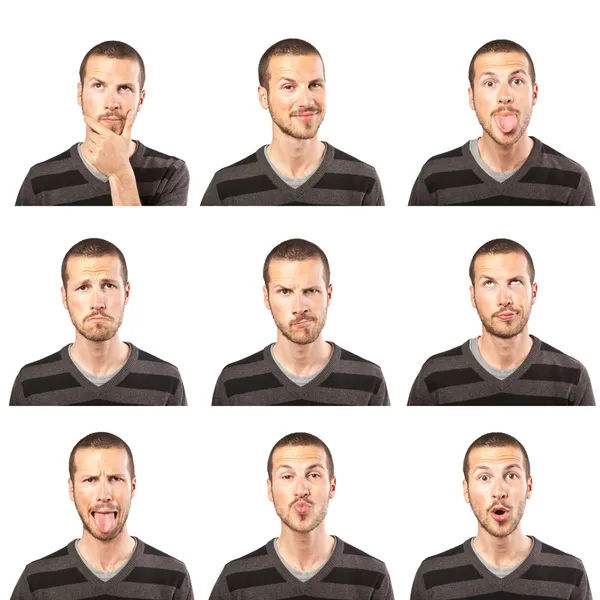 Young man face expressions composite on white background — Stock Photo, Image