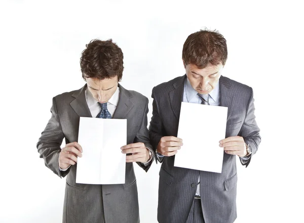 Business couple holding blank signs — Stock Photo, Image