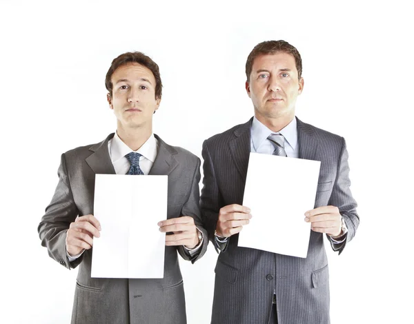 Business couple holding blank signs — Stock Photo, Image