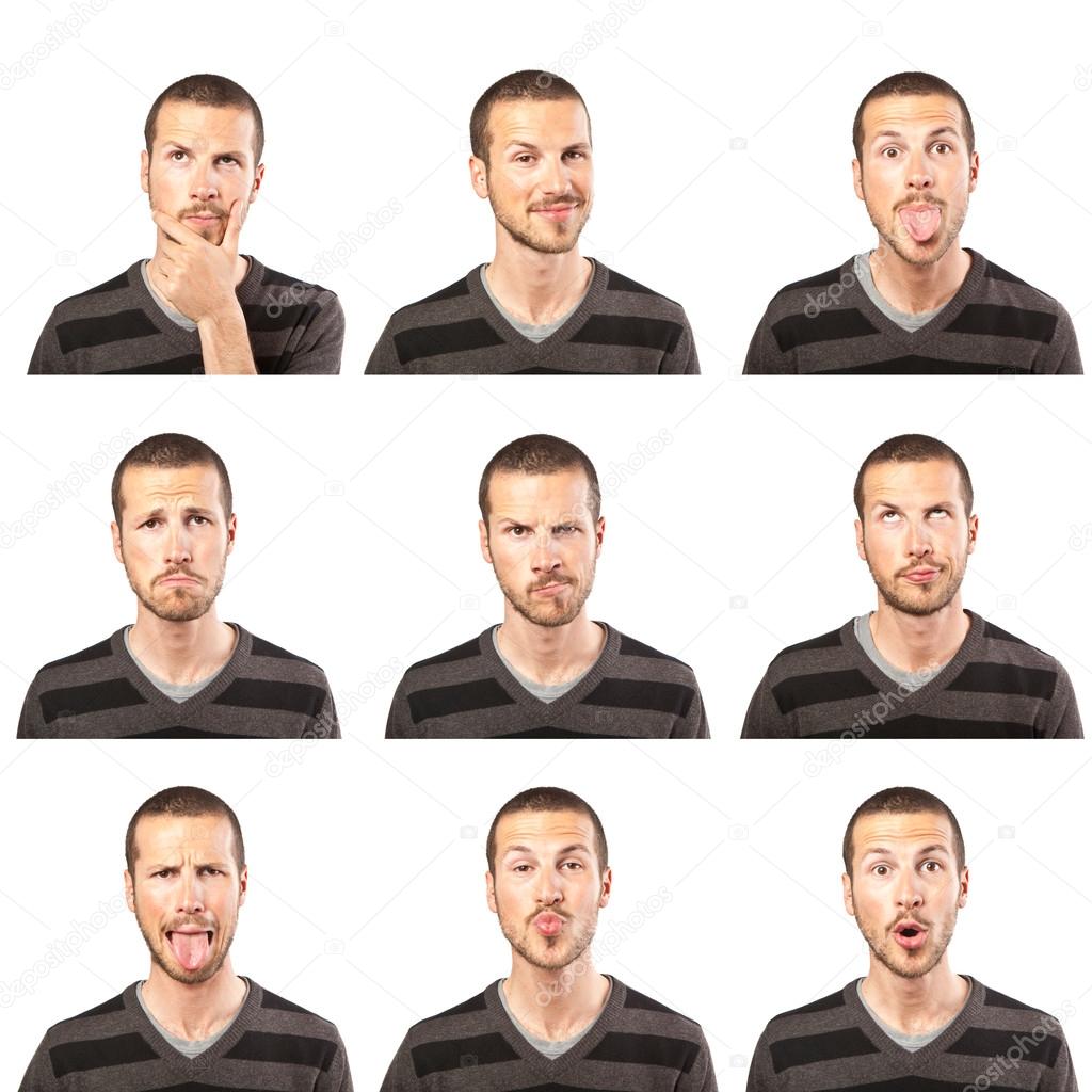Young man face expressions composite on white background