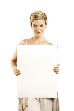 bir whtie içinde izole bir banner Ekle tutan güzel seksi kadın