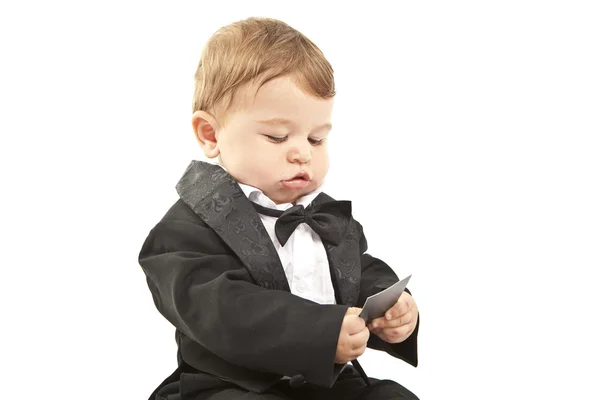 Cute little baby with dinner jacket — Stock Photo, Image