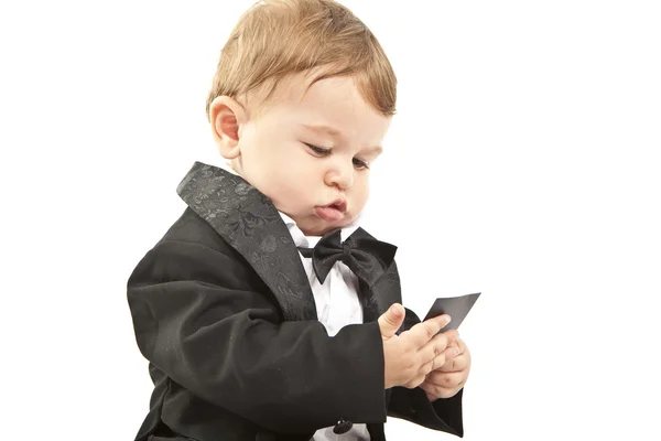 Cute little baby with dinner jacket — Stock Photo, Image