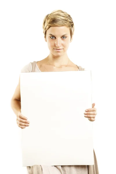 Piękne sexy kobieta trzyma Dodaj baner na białym tle nad whtie — Zdjęcie stockowe