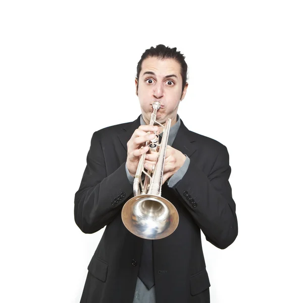 Stylish jazz man playing the trumpet on white background — Stock Photo, Image
