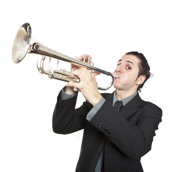 Elegante uomo jazz suonare la tromba su sfondo bianco — Foto Stock