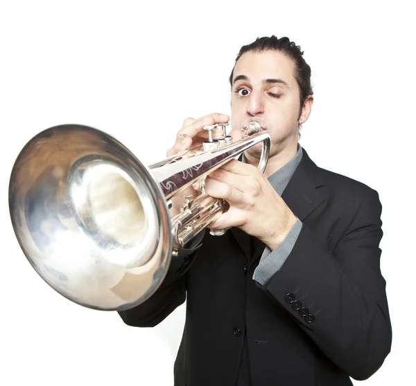 Stilvoller Jazz-Mann spielt Trompete auf weißem Hintergrund — Stockfoto