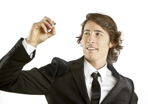 Hombre de negocios aislado dibujando en un vidrio transparente — Foto de Stock