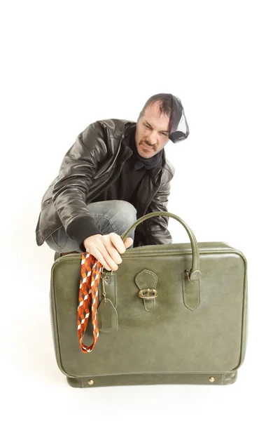 Bank robber with vintage suitcase — Stock Photo, Image