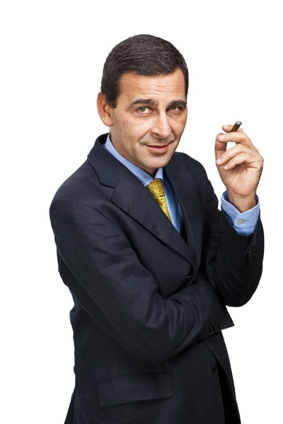 Portrait of confident businessman smoking a cigar, white background — Stock Photo, Image