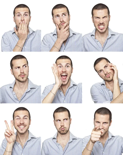 Young man face expressions composite isolated on white background — Stock Photo, Image