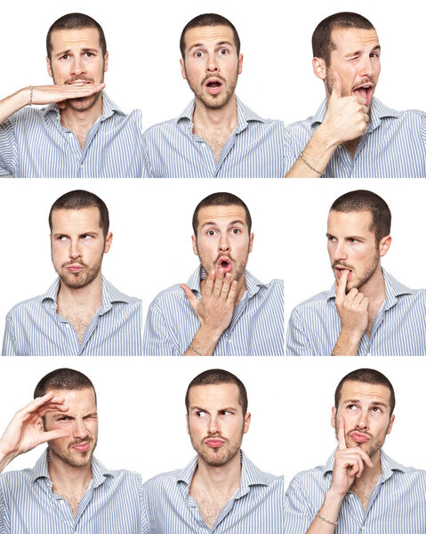 Young man face expressions composite isolated on white background