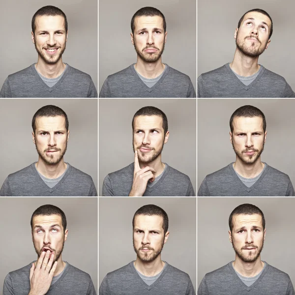 Young man face expressions composite isolated on grey background — Stock Photo, Image