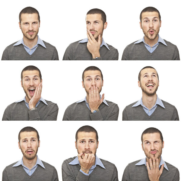 Young man face expressions composite isolated on white background