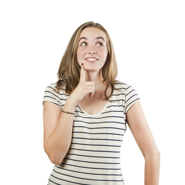 Portrait of a smiling thinking woman looking up - isolated on wh — Stock Photo, Image