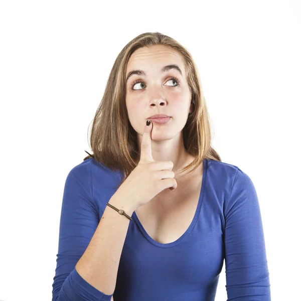 Portrait of a smiling thinking woman looking up - isolated on wh — Stock Photo, Image