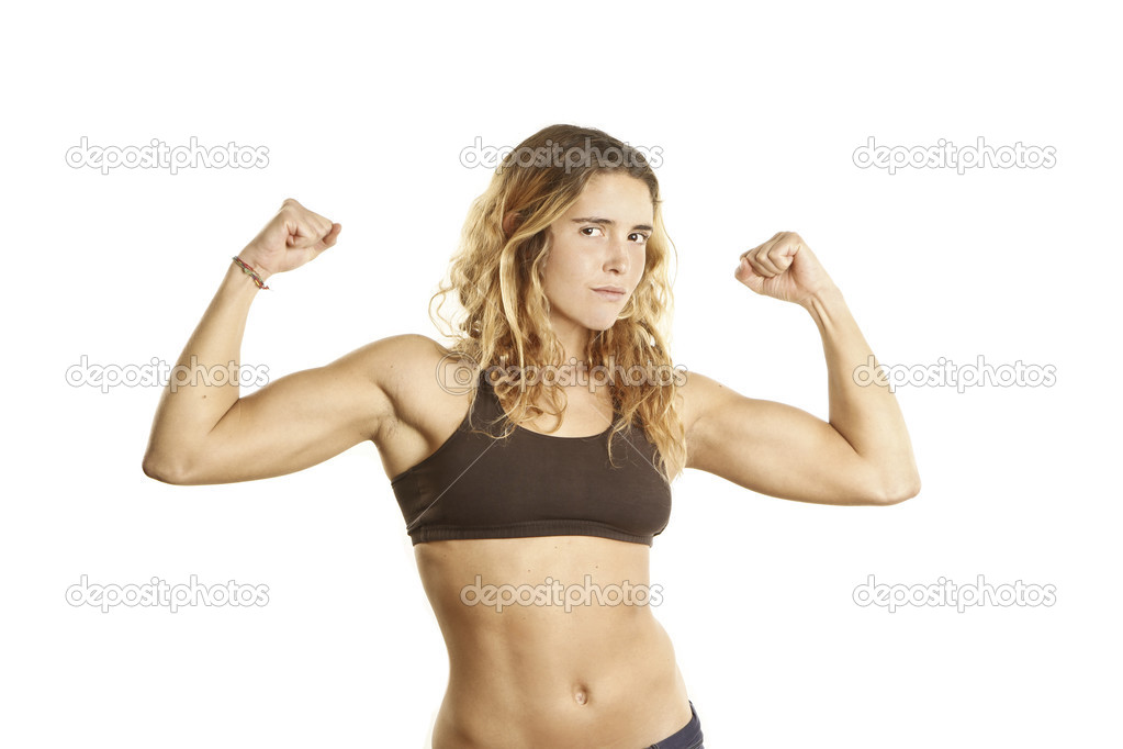 young athlete girl showing muscles
