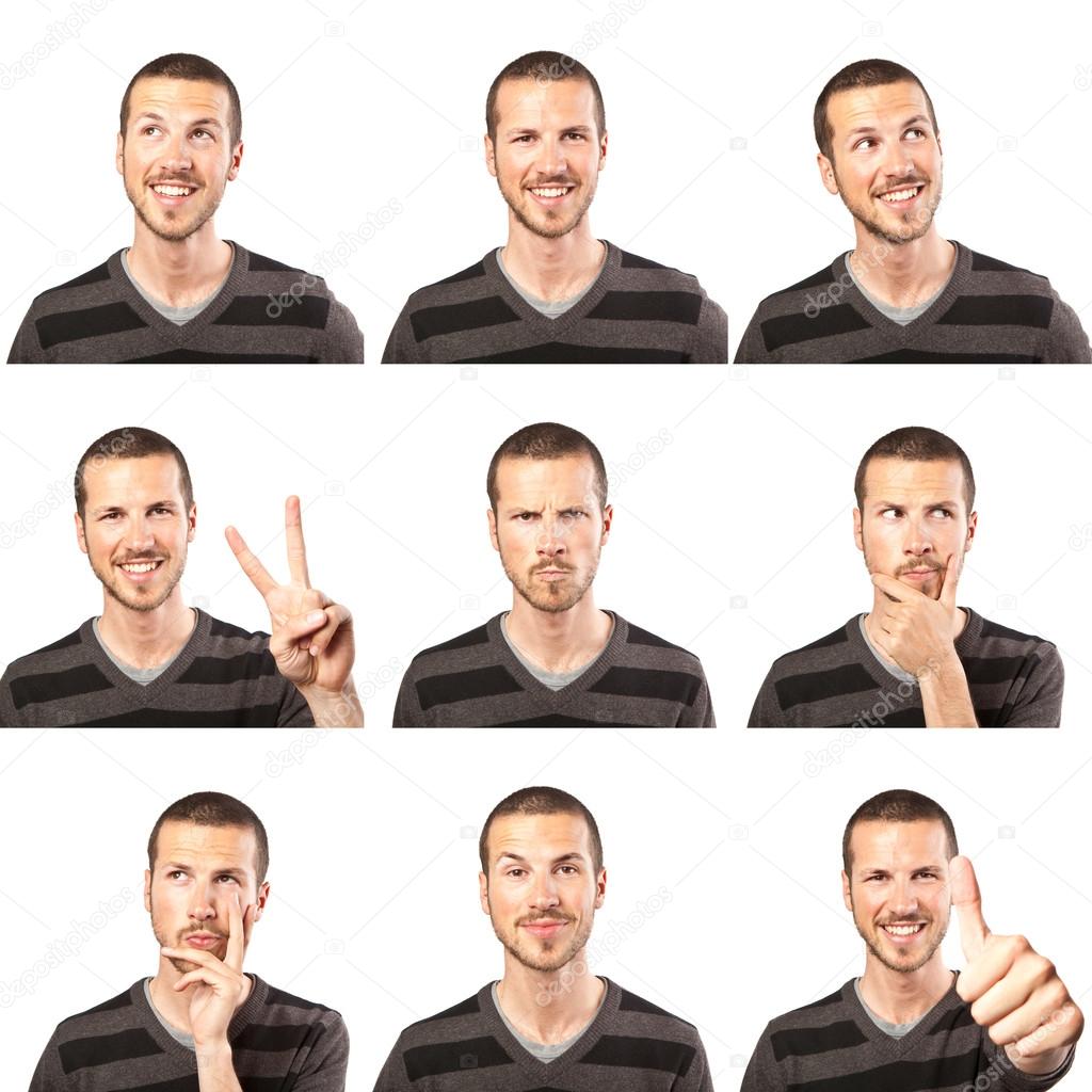 Young man face expressions composite isolated on white background