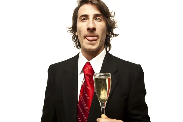 Пьяный парень, держащий шампанское на белом фоне — стоковое фото